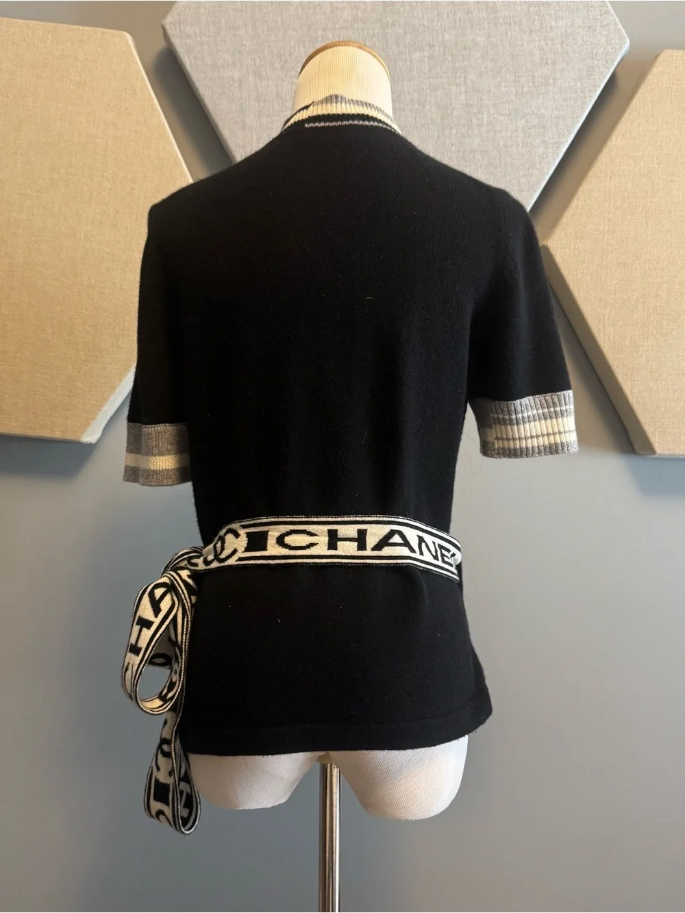 Chanel 19P Black Short-Sleeve Wrap Sweater with Contrast Trim